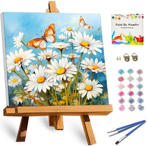 TOCARE Framed Paint by Numbers Kit for Adults Beginner & Kids Ages 8-12, Daisy Paint by Number Framed,Adult Paint by Number Kits on Canvas Framed Flowers Daisy (10x10 Inch, Without Easel) by TOCAREDirect