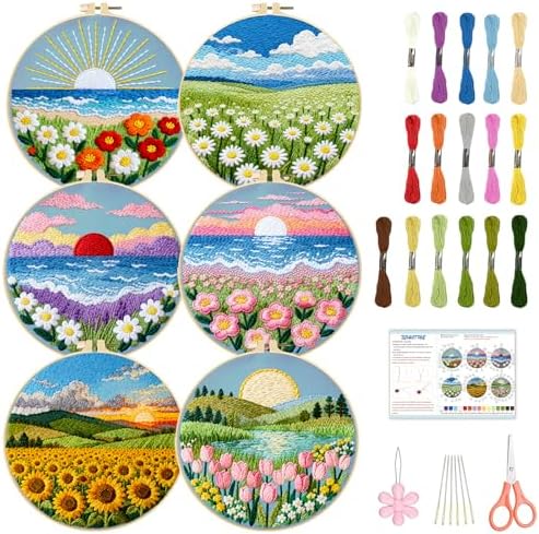 BEUNITONE 6 Set Flower Sea Starter Embroidery Kit with Pre-stamped Pattern Needlepoint Craft Kits with Embroidery Hoops Complete DIY Handmade Cross Stitch Set for Home Decor and Festival Gifts 20x20cm by BEUNITONE