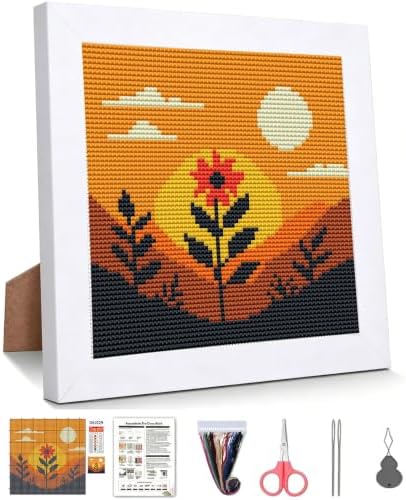 Sunset Floral Landscape Stamped Cross Stitch Kits for Adults with Framed by WUSARPLY