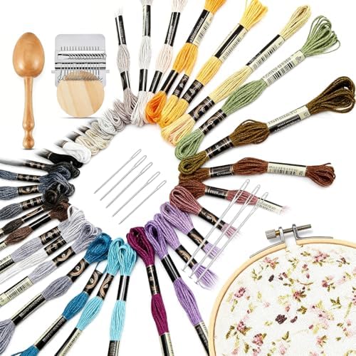 Mini Darning Loom Machine with Wood Darning Egg - 14 Hooks Speedweve Style Weaving Kit, 50 Colors Thread & 9 Large Eye Needles - Complete Sock Mending Kit for DIY Craft, Repairing Holes & Jeans - Image 2