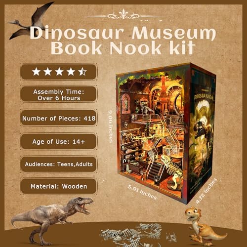VORATHIS Dinosaur Book Nook Kit LED, 3D Wooden Puzzle Museum for Adults - Image 2