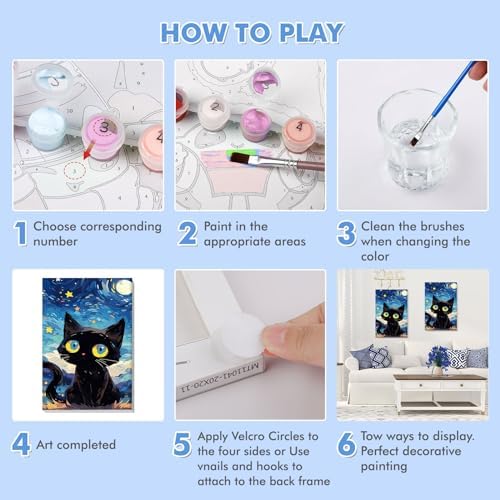 Bowetile Starry Night Cat Paint by Numbers for Adults Beginners Framed, Easy Adults' Paint-by-Number Kits, Adult Paint by Number Kits on Canvas, Acrylic Number Painting for Home Decor, 8x12in - Image 6