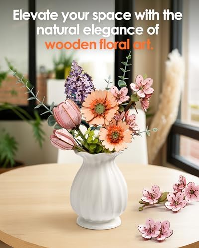 ROBOTIME 3D Puzzle Light Orange Gerbera Daisy TW111, DIY Wooden Flower Craft, Artificial Flowers Model Kit to Assemble for Adults, Home Decoration and Valentine's Day Toy Gift Set - Image 4