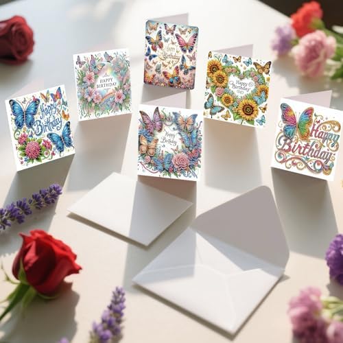 6 Pack Diamond Art Greeting Cards with Envelopes, DIY 5D Diamond Painting Birthday Card Kit with Butterflies and Flowers, 30x15cm Handmade Special Shaped Rhinestone Craft for Holiday and Birthday - Image 6