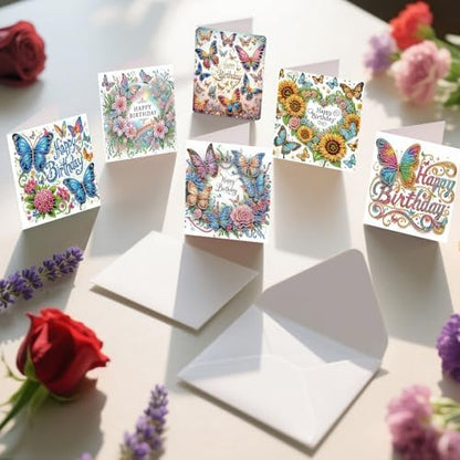 6 Pack Diamond Art Greeting Cards with Envelopes, DIY 5D Diamond Painting Birthday Card Kit with Butterflies and Flowers, 30x15cm Handmade Special Shaped Rhinestone Craft for Holiday and Birthday - Image 6