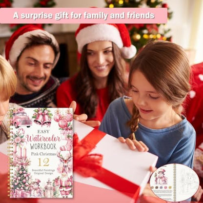 Pink Christmas Watercolor Workbook, Xmas Painting Book with 12 Designs - Image 7