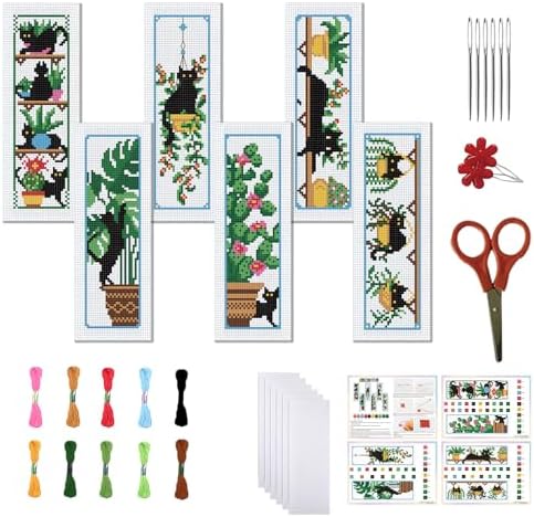 FREEBLOSS 6 Set Cross Stitch Bookmark Kits Cat and Potted Plants Stamped Cross Stitch Kit for Beginners, Printed Embroidery Bookmarks Kit with Instructions for Adults, 8''x2.4'' by FreeandCreativeCraftsArt