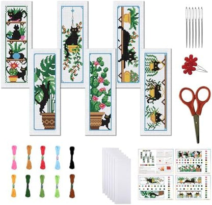 FREEBLOSS 6 Set Cross Stitch Bookmark Kits Cat and Potted Plants Stamped Cross Stitch Kit for Beginners, Printed Embroidery Bookmarks Kit with Instructions for Adults, 8''x2.4'' by FreeandCreativeCraftsArt