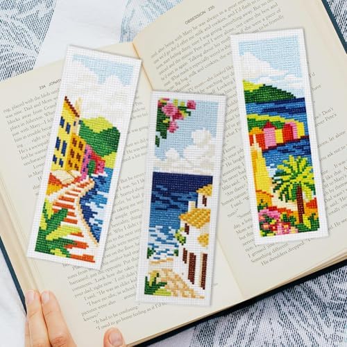INFUNLY 6pcs Scenery Cross Stitch Bookmark Kit DIY Beach Stamped Embroidery Bookmark Kits 8.7×3.2" Mountain Needlepoint Kit with Instruction Town Easy Cross Stitch Kits for Book Lovers Readers - Image 6