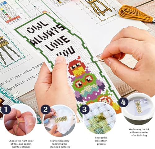 ORIGACH 6 Set Cross Stitch Bookmark Kit for Beginner Owl Pattern DIY Stamped Embroidery Bookmark Kit with 13 Colors Embroidery Floss Instructions - Image 4