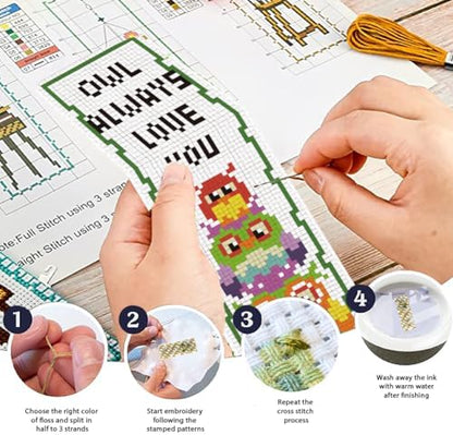 ORIGACH 6 Set Cross Stitch Bookmark Kit for Beginner Owl Pattern DIY Stamped Embroidery Bookmark Kit with 13 Colors Embroidery Floss Instructions - Image 4
