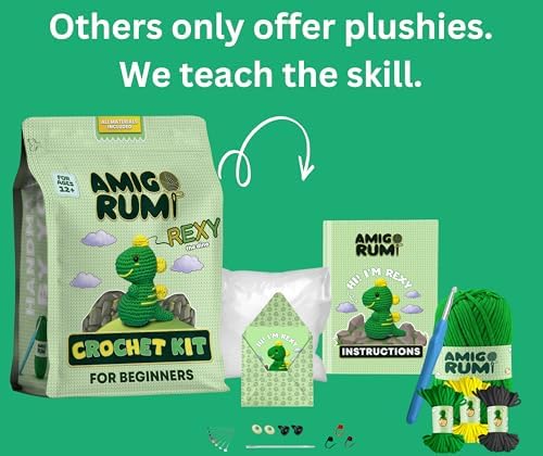 Amigo Rumi Cute Dinosaur Beginners Crochet Kit - Learn How to Crochet Starter Kit - 3+ Hour Video Tutorials & Crocheting Book - Easy to Stitch Yarn - Amigurumi Stuffed Animal for Kids 12+ & Adults - Image 3