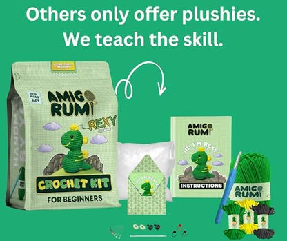 Amigo Rumi Cute Dinosaur Beginners Crochet Kit - Learn How to Crochet Starter Kit - 3+ Hour Video Tutorials & Crocheting Book - Easy to Stitch Yarn - Amigurumi Stuffed Animal for Kids 12+ & Adults - Image 3
