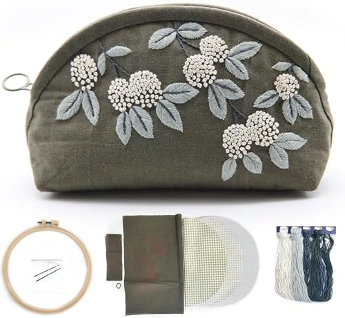 FONNUY Embroidery Kit Makeup Bag for Beginners, Flowers Pre-Stamped Pattern Handbag Coin Purses Making Kits for Adults with Hoop, Easy to Follow Color Thread Needlework (Grey) by FONNUY