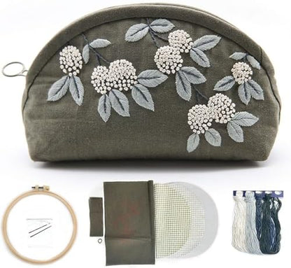 FONNUY Embroidery Kit Makeup Bag for Beginners, Flowers Pre-Stamped Pattern Handbag Coin Purses Making Kits for Adults with Hoop, Easy to Follow Color Thread Needlework (Grey) by FONNUY