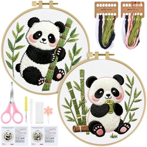 ERKOON Embroidery Kit for Beginners, 2 Set Flower Cross Stitch Set Include Embroidery Cloth Hoops Threads for Craft Lover Hand Stitch with Embroidery Skill Techniques (Panda) by ERKOON