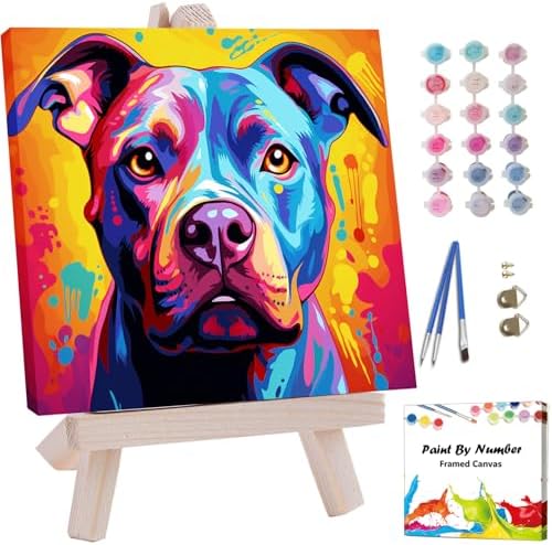 Artunion Framed Paint by Numbers Kit for Adults Beginners & Kids Ages 8-12,Colorful Pitbull Dog Paint by Number with Frame,Dog Animal Paint by Numbers Kit on Canvas 10 * 10 Inch Without Easel by ArtunionDriect
