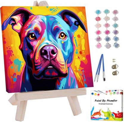 Artunion Framed Paint by Numbers Kit for Adults Beginners & Kids Ages 8-12,Colorful Pitbull Dog Paint by Number with Frame,Dog Animal Paint by Numbers Kit on Canvas 10 * 10 Inch Without Easel by ArtunionDriect