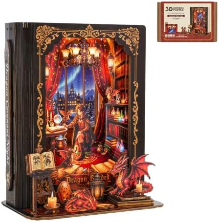 Book Nook Kit Dragon Covenant, 3D Wooden Puzzle with LED Lights, DIY Miniature Model Kit Room Home Decor, Holiday Birthday Christmas Day Gifts for Men Women Teens by Cutywood