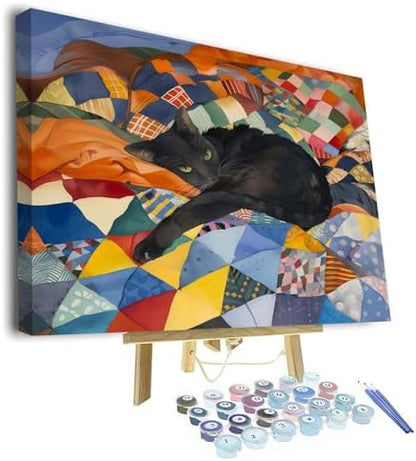 TUMOVO Paint by Numbers Kit for Adults Beginner, Adult Paint by Number Kits - Black Cat Laying on Colorful Quilt, Cozy Feline Art Painting by Numbers, DIY Pet Portrait Canvas - 16x20 Inch(Framed) by TUMOVO