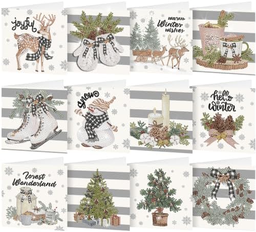 Saillong 12 Pack Neutral Christmas Diamond Painting Greeting Card Kits DIY Gray Christmas Diamond Art Cards with Envelopes Xmas 5D Rhinestones Painting Kit for Adults DIY Craft Family Friend Xmas Gift by Saillong