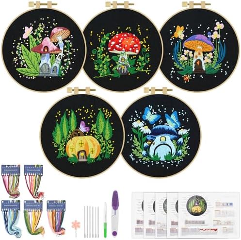 ERKOON 5 Sets Embroidery Kit for Beginners Adult Mushroom Cross Stitch by ERKOON