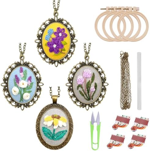 ZOCONE New 4 Packs Embroidery Necklace Kits, Embroidery Pendant Kit Mini Cross Stitch Kit with Hoop, Necklace, Pendant, Stamped Pattern Cloth, Instructions, etc., Embroidery Kits for Adults by ZOCONE