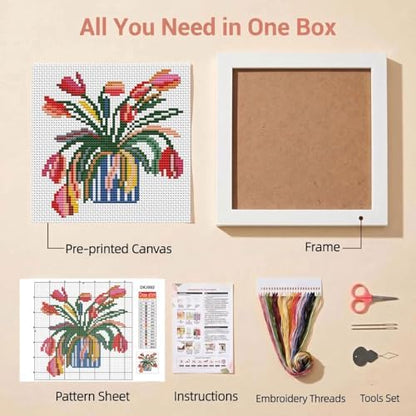 WUSARPLY Flower Stamped Cross Stitch Kits for Beginners Adults with Framed - Image 2