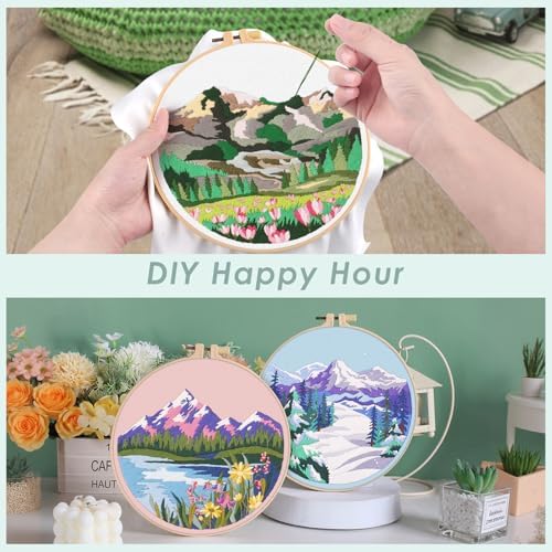 ERKOON Embroidery Kit for Beginners, 5 Sets Flower Cross Stitch Set for Adults Include Embroidery Cloth Hoops Threads for Craft Lover Hand Stitch with Skill Techniques (Landscape) - Image 3