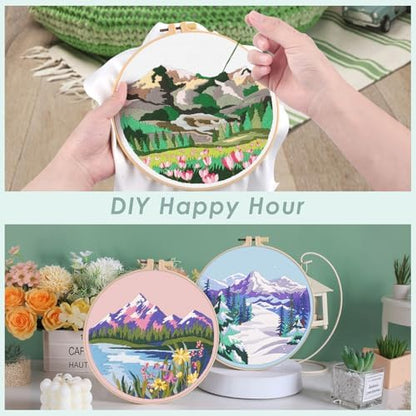 ERKOON Embroidery Kit for Beginners, 5 Sets Flower Cross Stitch Set for Adults Include Embroidery Cloth Hoops Threads for Craft Lover Hand Stitch with Skill Techniques (Landscape) - Image 3