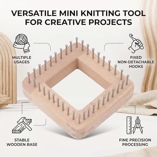 Square Wooden Knitting Loom with Multiple Hooks, Mini Crochet Board for Weaving Scarves, Hats, Socks and Hairband - DIY Beginner Knitting Tool - Image 3