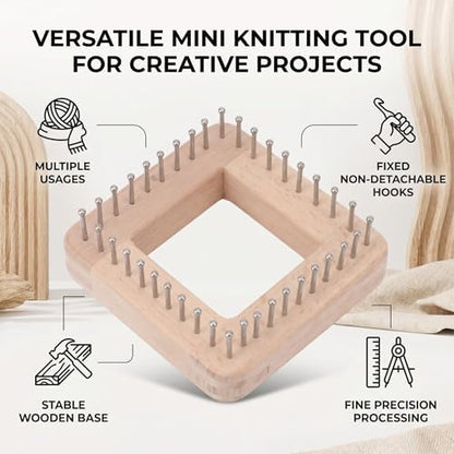 Square Wooden Knitting Loom with Multiple Hooks, Mini Crochet Board for Weaving Scarves, Hats, Socks and Hairband - DIY Beginner Knitting Tool - Image 3