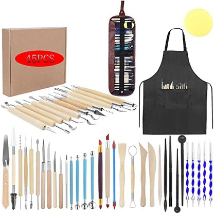Yagugu Pottery Clay Tools for Adults Sculpting, 45Pcs Basic Wood Ceramics Carving Polymer Clay Tool Supplies kit Supplies for Artists Modeling Shaping Building for Art&Craft Gifts by Yagugu