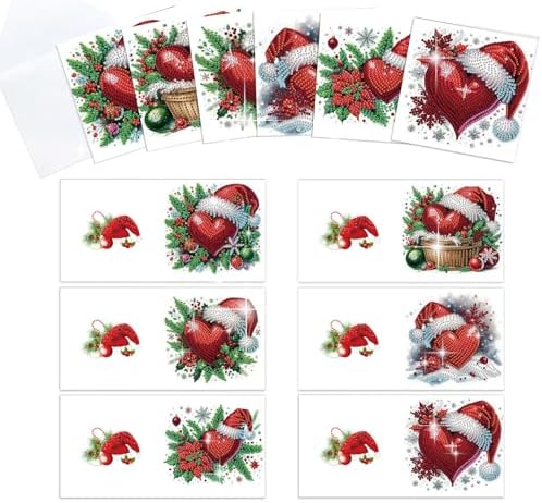 antor 6 Pack 5D Christmas Diamond Painting Cards, Heart Design with Santa Hat DIY Diamond Art Cards with Envelopes, Handmade Rhinestone Valentine’s Day Greeting Card Set for Adults by antor