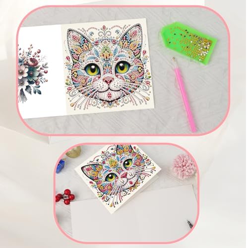 JISHSHAY 6 PCS Cat Diamond Painting Greeting Cards Cat Diamond Art Birthday Cards with Envelopes Gem Art Gem Painting Mosaic Kits for Adults for Thanksgiving Birthday Anniversary Valentine Festival - Image 6