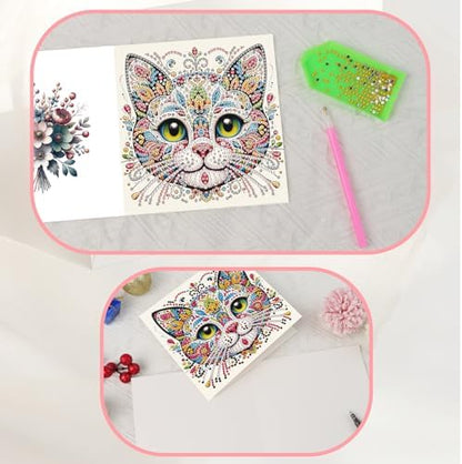 JISHSHAY 6 PCS Cat Diamond Painting Greeting Cards Cat Diamond Art Birthday Cards with Envelopes Gem Art Gem Painting Mosaic Kits for Adults for Thanksgiving Birthday Anniversary Valentine Festival - Image 6