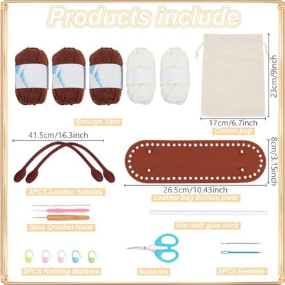 ORIGACH DIY Crochet Handbag Kit for Beginners, Dark Brown Striped Tote Bag with PU Leather Band and Base, Complete Crochet Set to Make a Bag, Include Yarn, Hooks, Markers and Instruction - Image 2