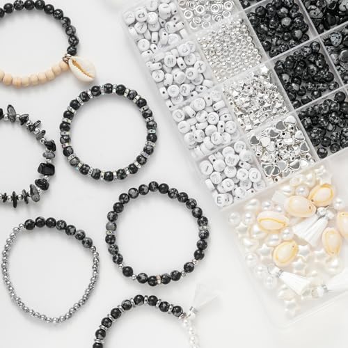 Xyliise Bracelet Making Kit Natürliche Perlen Set for Adults Beads for Bracelets Silver Jewelry Making Supplies DIY Jewelry Necklace Earrings (CZ006-Black and White) - Image 4