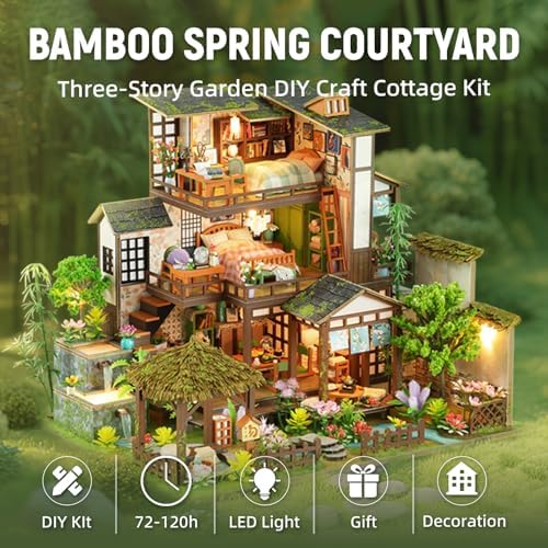 DIY Miniature House Kit with LED Lights, Bamboo Spring Courtyard Wooden Mini House Building Kit for Adults & Teens, Creative Crafts for Women, Friends & Hobbyists - Image 2