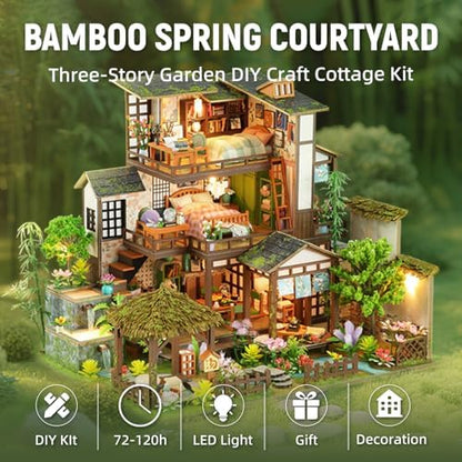 DIY Miniature House Kit with LED Lights, Bamboo Spring Courtyard Wooden Mini House Building Kit for Adults & Teens, Creative Crafts for Women, Friends & Hobbyists - Image 2