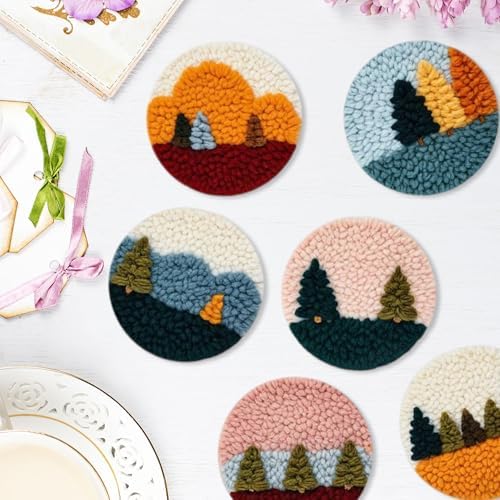 Starter Needle Coasters Kit, Punch Needle Embroidery DIY Set for Beginners Adults, Easy Coasters Kit with Adhesive Felt, Yarns, Embroidery Hoop (Multi landscape2) - Image 6