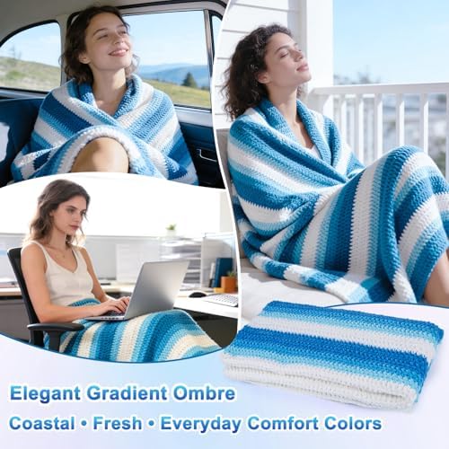 Reessy Crochet Blanket Kit for Adult Beginners, Blue Ombre Chenille Yarn - Image 4