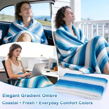 Reessy Crochet Blanket Kit for Adult Beginners, Blue Ombre Chenille Yarn - Image 4