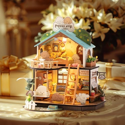 ROBOTIME DIY Miniature House Kit, Mini Wooden Dollhouse Diorama Model, Tiny House Building Kits,Birthday Christmas Craft Hobbies Gift for Teens Kids and Friends（Puppy's Cozy Villa） - Image 3