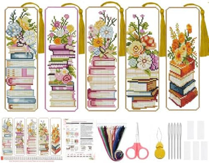 5PC Book Flowers Counted Cross Stitch Bookmark Kit for Adults Beginners by Paintcolordiamondpainting
