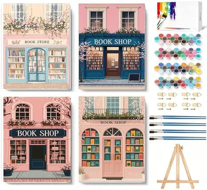 4 Pack Book shop Paint by Numbers Kit for Adults with Frame, Easy Bookstore Paint by Number for Adults Beginner with Wooden Easel, DIY Painting by Numbers Canvas Framed for Home Decor 8 x 12 Inch by LWZAYS