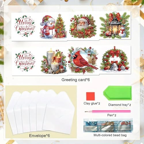 6Pcs Christmas Greeting Card DIY Diamond Art Painting Greeting Cards Special Shaped Diamond Blessing Folding Card Kit Arts Crafts for Birthday Festival-Elements - Image 6