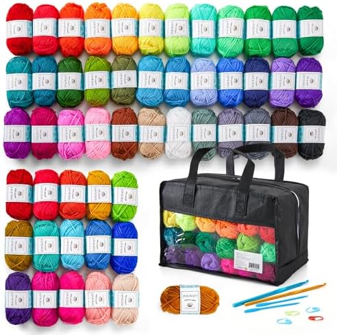 Inscraft 52 Acrylic Yarn Skeins, 1820 Yards 52 Colors, 2 Crochet Hooks, 2 Weaving Needles, 10 Stitch Markers, 1 Bag, for Crocheting & Knitting, Gift Beginners and Adults by INSCRAFT
