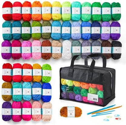Inscraft 52 Acrylic Yarn Skeins, 1820 Yards 52 Colors, 2 Crochet Hooks, 2 Weaving Needles, 10 Stitch Markers, 1 Bag, for Crocheting & Knitting, Gift Beginners and Adults by INSCRAFT
