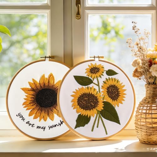 Sunflower Embroidery Kits for Beginners Adults, Floral Hand Embroidery Set Needlepoint Kits, Stamped Cross Stitch Kits for Beginners Adults, 2 Embroidery Hoops, Fabric, Thread(Attached Video Tutorial) - Image 2
